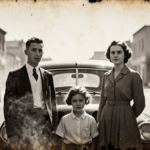 Family standing beside vintage car with warm lighting and misty street background