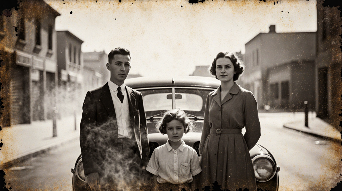 Family standing beside vintage car with warm lighting and misty street background