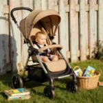 Child sits in vintage Graco stroller with rain canopy open and toys scattered on the seat