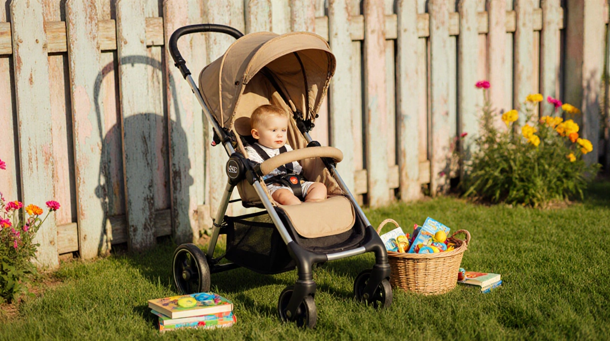 Child sits in vintage Graco stroller with rain canopy open and toys scattered on the seat