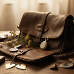 Worn leather handbag spills heirloom locket and wildflowers onto wooden table with vintage mementos behind