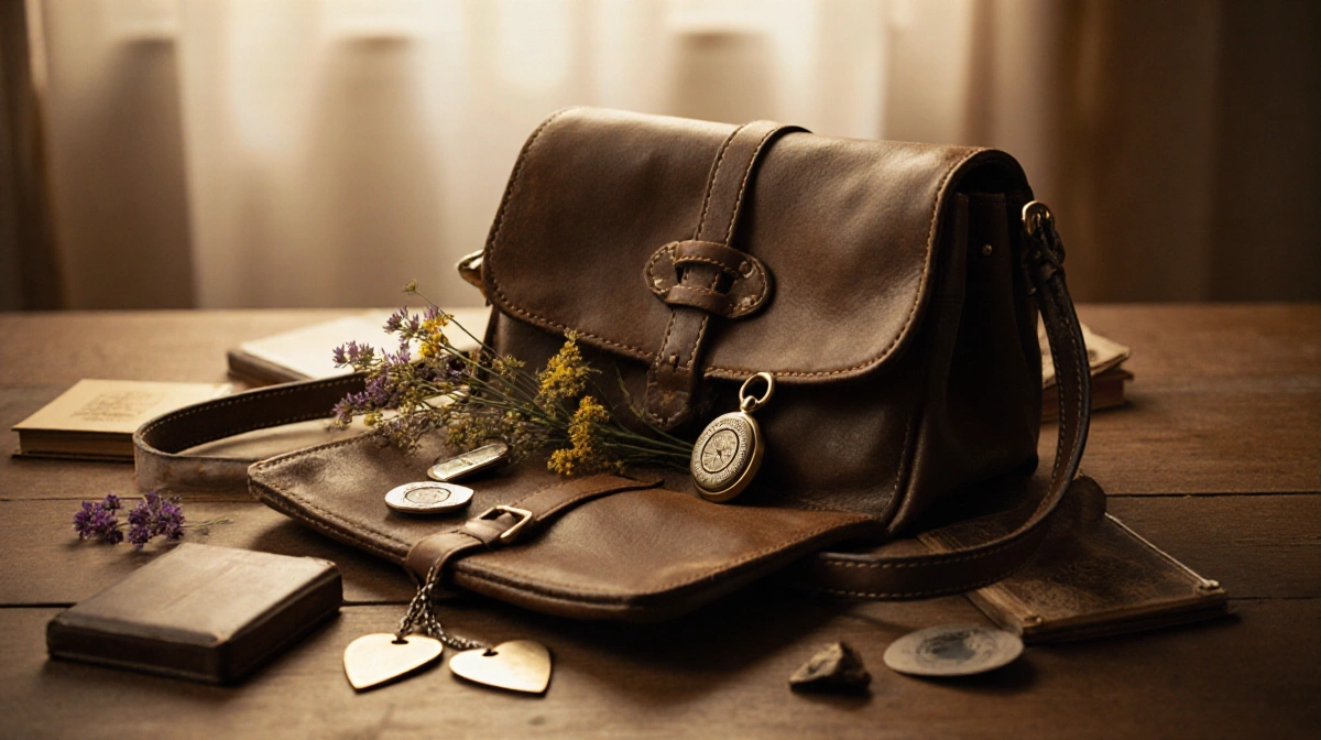 Worn leather handbag spills heirloom locket and wildflowers onto wooden table with vintage mementos behind