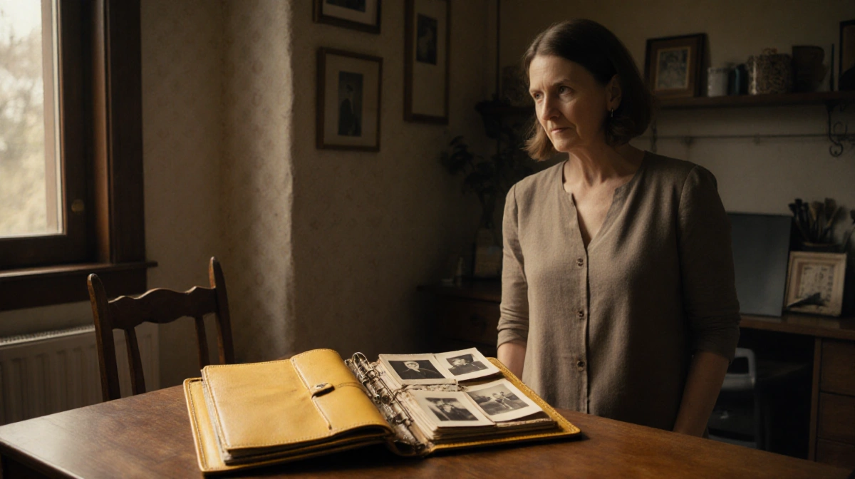 Woman discovering old family photos and mementos in vintage leather folder at sunlit desk with warm natural light