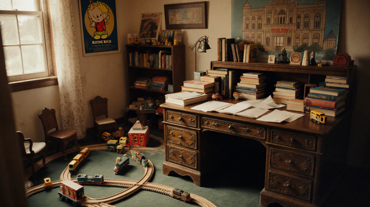 Ornate desk sits in vintage playroom with toy trains and faded Richie Rich poster on wall