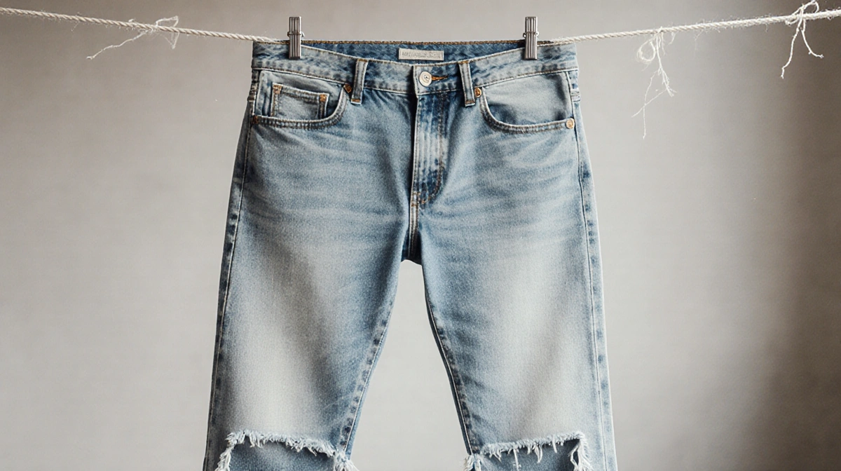 Light-wash vintage jeans hang on clothesline with raw frayed hem and faded denim texture