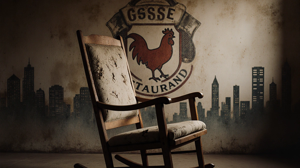 Vintage wooden rocking chair sits before faded family crest with soft warm light highlighting worn upholstery and city skylin