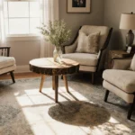 Sun-drenched vintage rug anchors cozy living room with rustic coffee table and plush armchairs