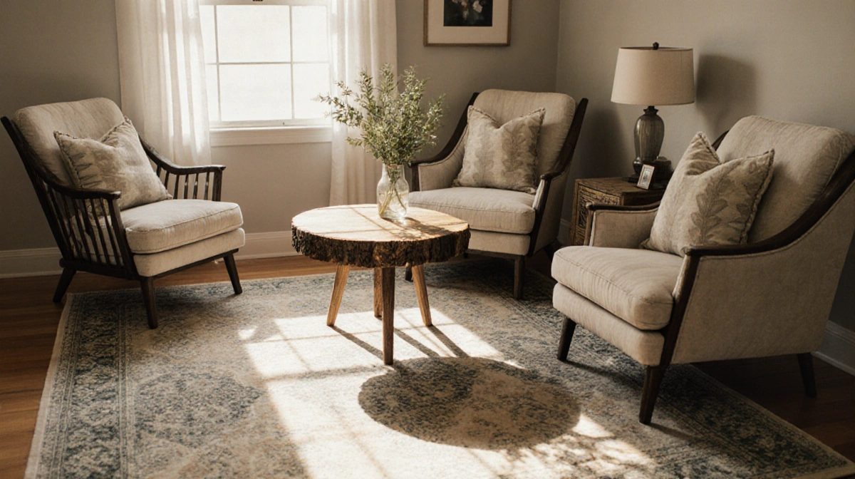 Sun-drenched vintage rug anchors cozy living room with rustic coffee table and plush armchairs