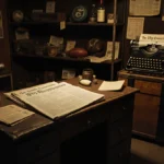 Stacked newspapers rest on worn wooden desk with vintage sports memorabilia and golden lighting in cozy shop