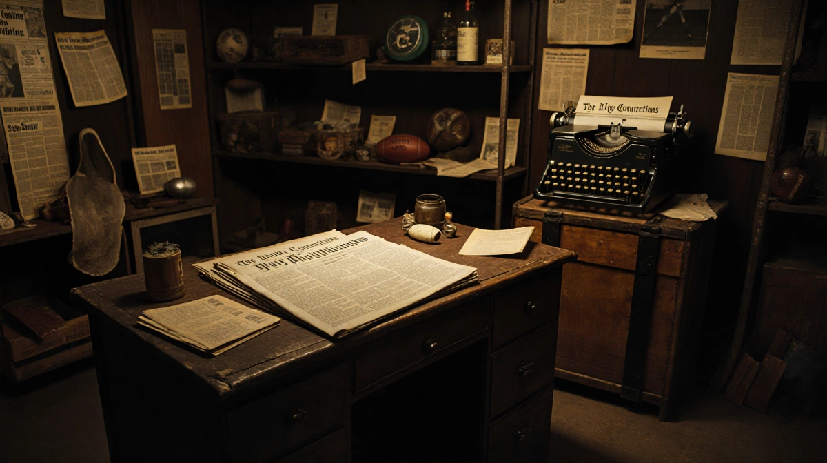 Stacked newspapers rest on worn wooden desk with vintage sports memorabilia and golden lighting in cozy shop