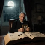 Middle-aged man sits with shattered picture frame and flickering candle showing moonlit study and old documents