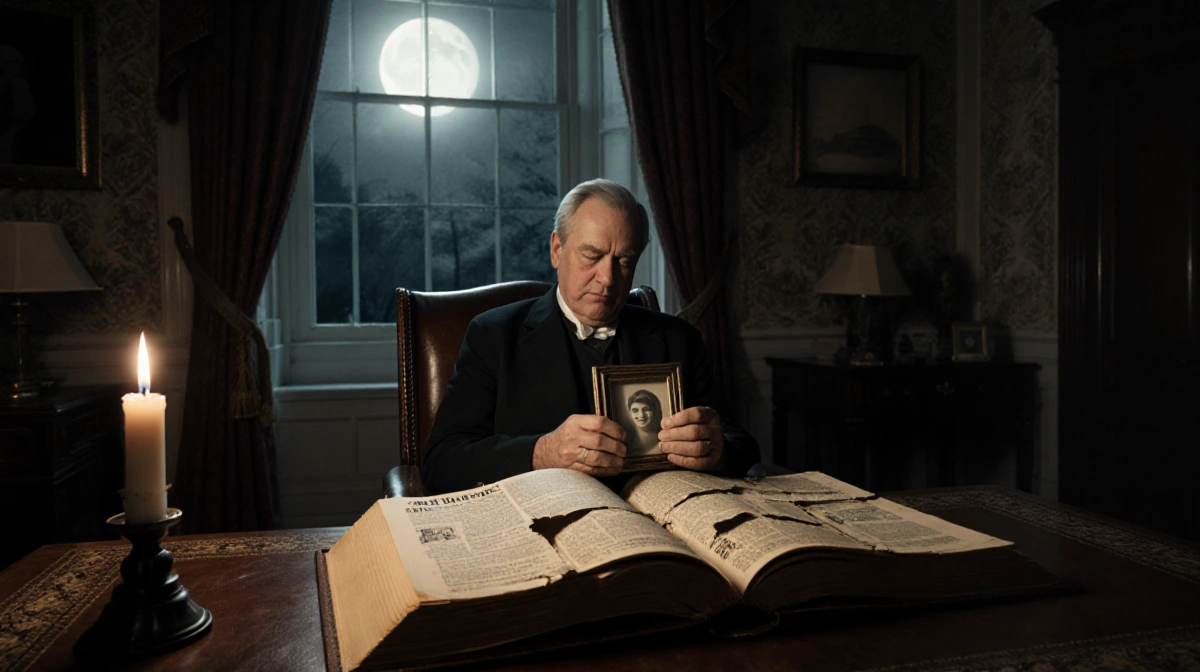 Middle-aged man sits with shattered picture frame and flickering candle showing moonlit study and old documents