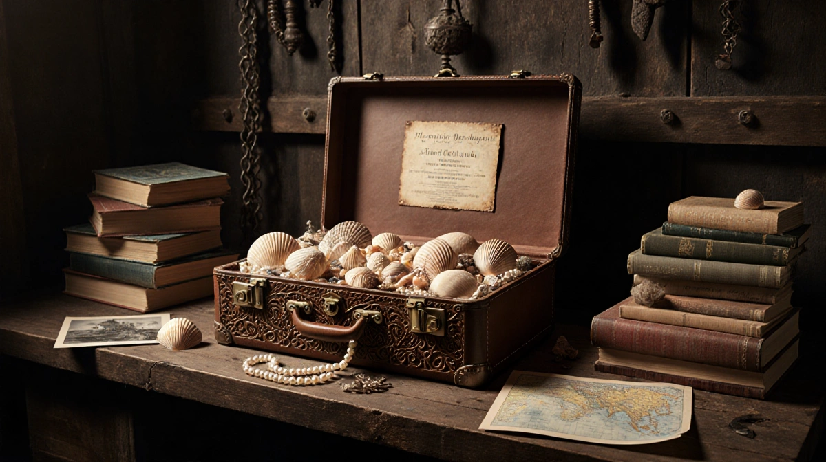 Vintage suitcase filled with seashells and pearls sits on workbench with books and maps glowing in warm light