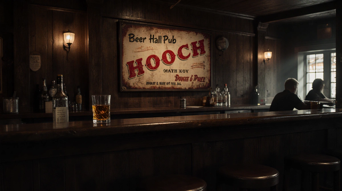 Vintage HOOCH beer poster hangs on tavern wall with whiskey glass and bottle on wooden bar
