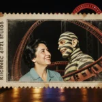 Elderly woman smiling at her younger self with a faded ticket stub beside the Revenge of the Mummy roller coaster at a warm t