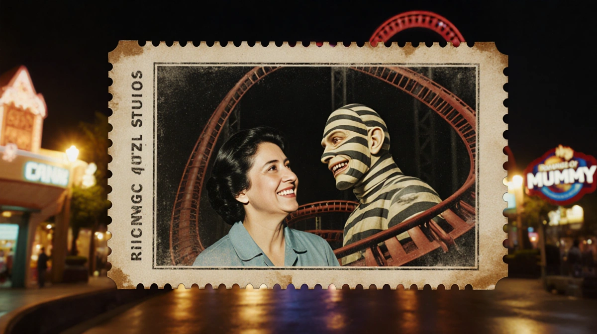 Elderly woman smiling at her younger self with a faded ticket stub beside the Revenge of the Mummy roller coaster at a warm t