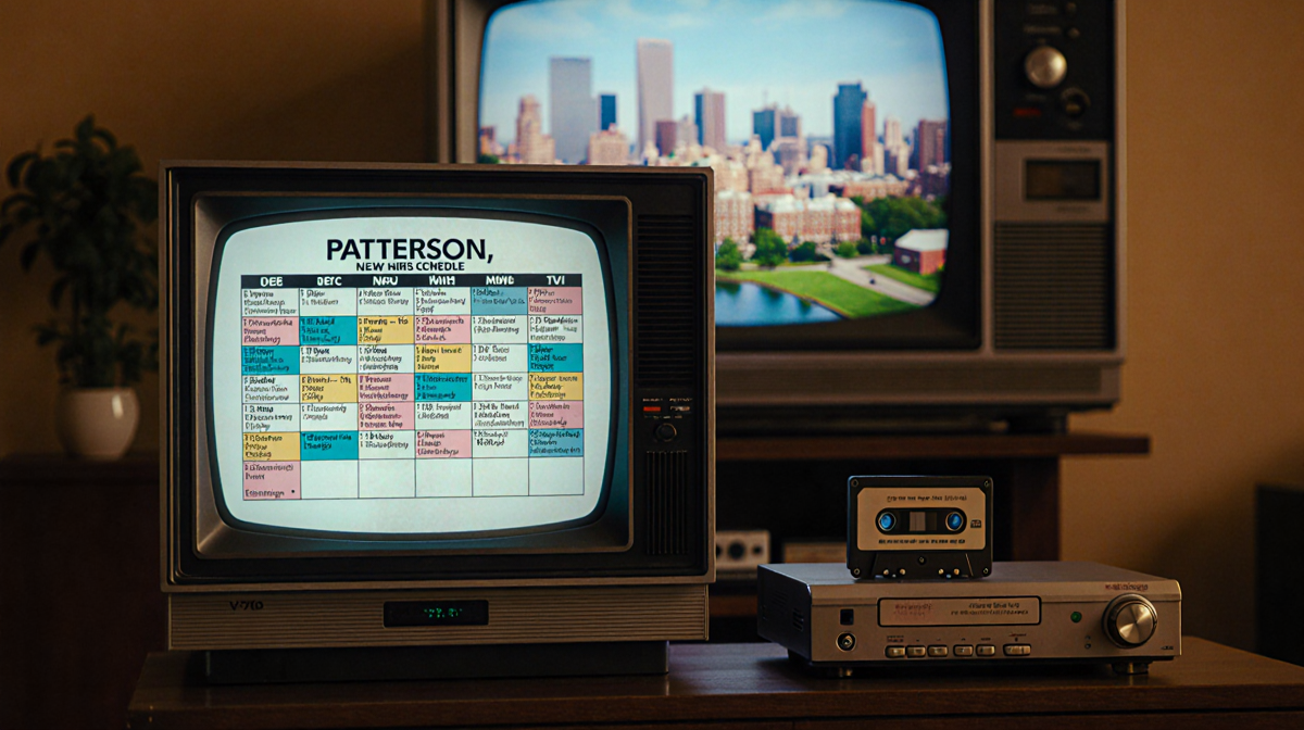 Vintage TV displays a 1970s guide with a VHS player beside it in a warm nostalgic living room and a blurred Patterson backdro