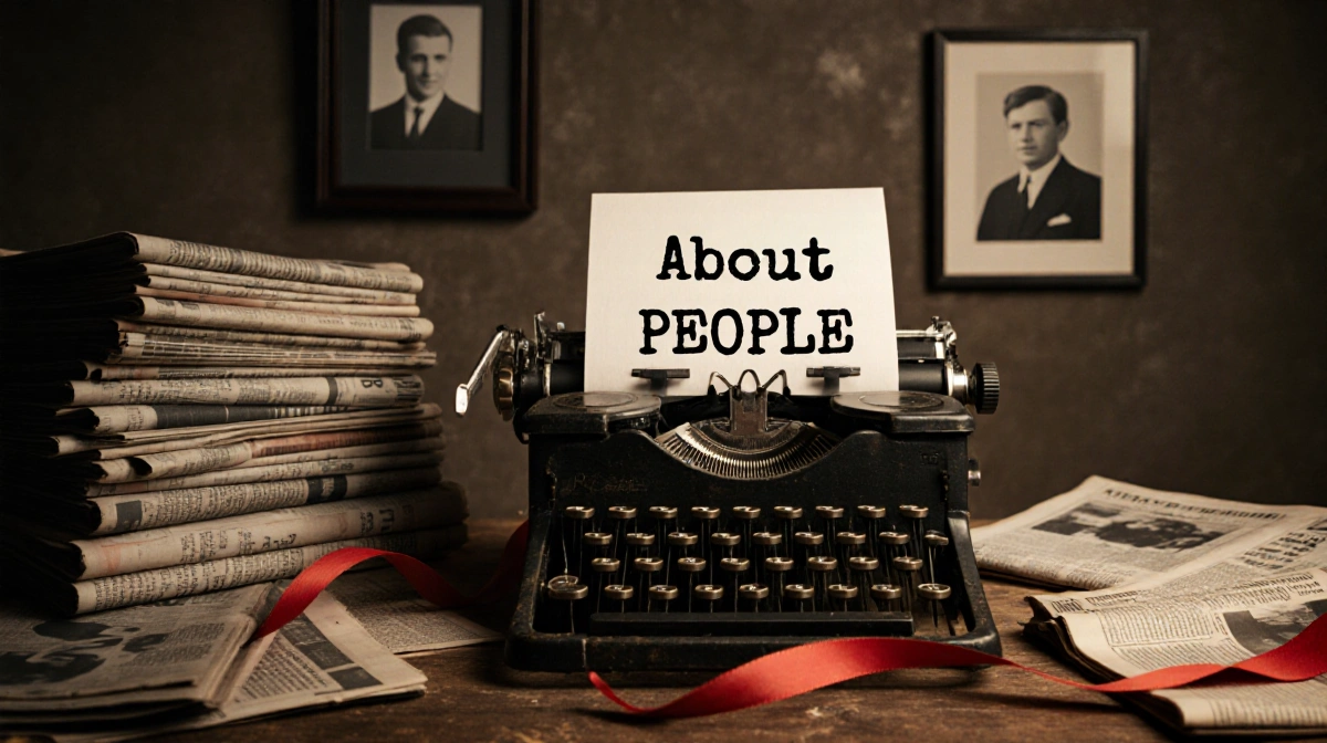 Vintage typewriter printing bold headline with red ribbon and framed photos on worn wooden desk
