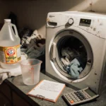 Vintage washing machine sits on cluttered counter with vinegar bottle and detergent box showing laundry organization tips