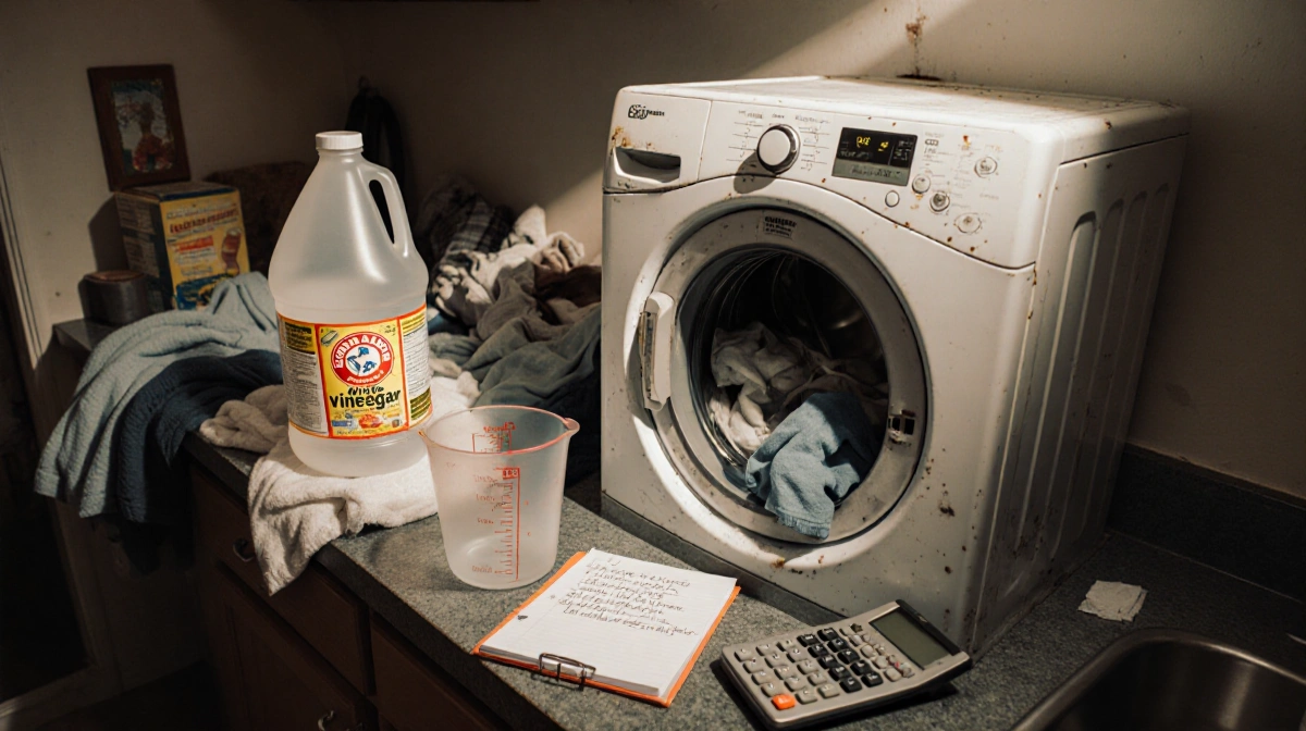 Vintage washing machine sits on cluttered counter with vinegar bottle and detergent box showing laundry organization tips
