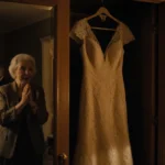 Older woman unveiling her vintage wedding dress with husband watching and golden gown hanging on door