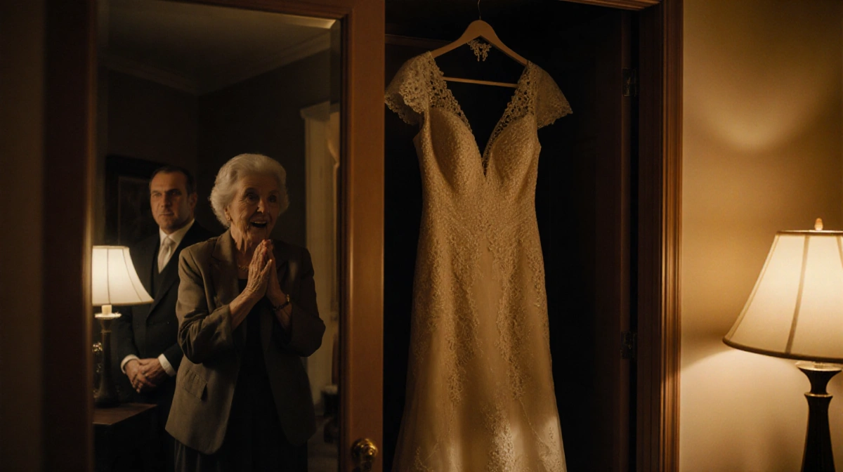 Older woman unveiling her vintage wedding dress with husband watching and golden gown hanging on door