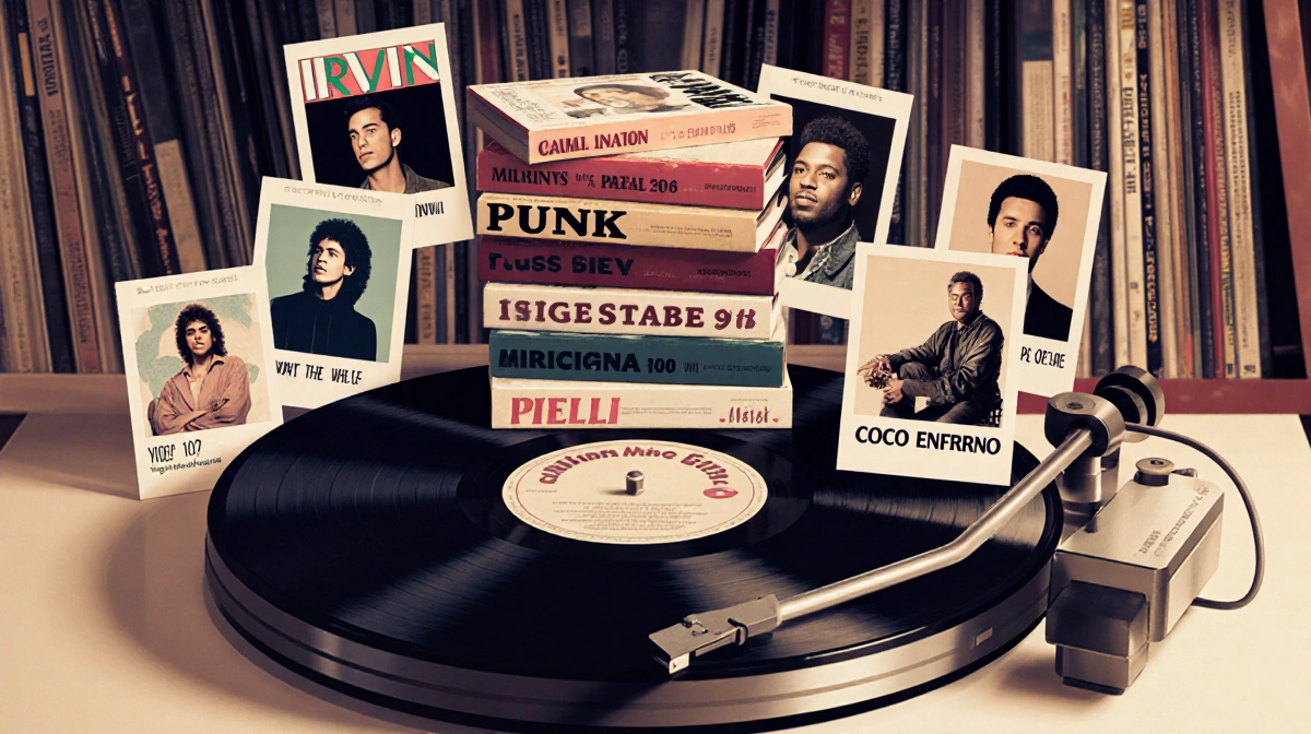 Record player spins vinyl collection with punk and disco albums stacked nearby and magazine cutouts of musicians surrounding 
