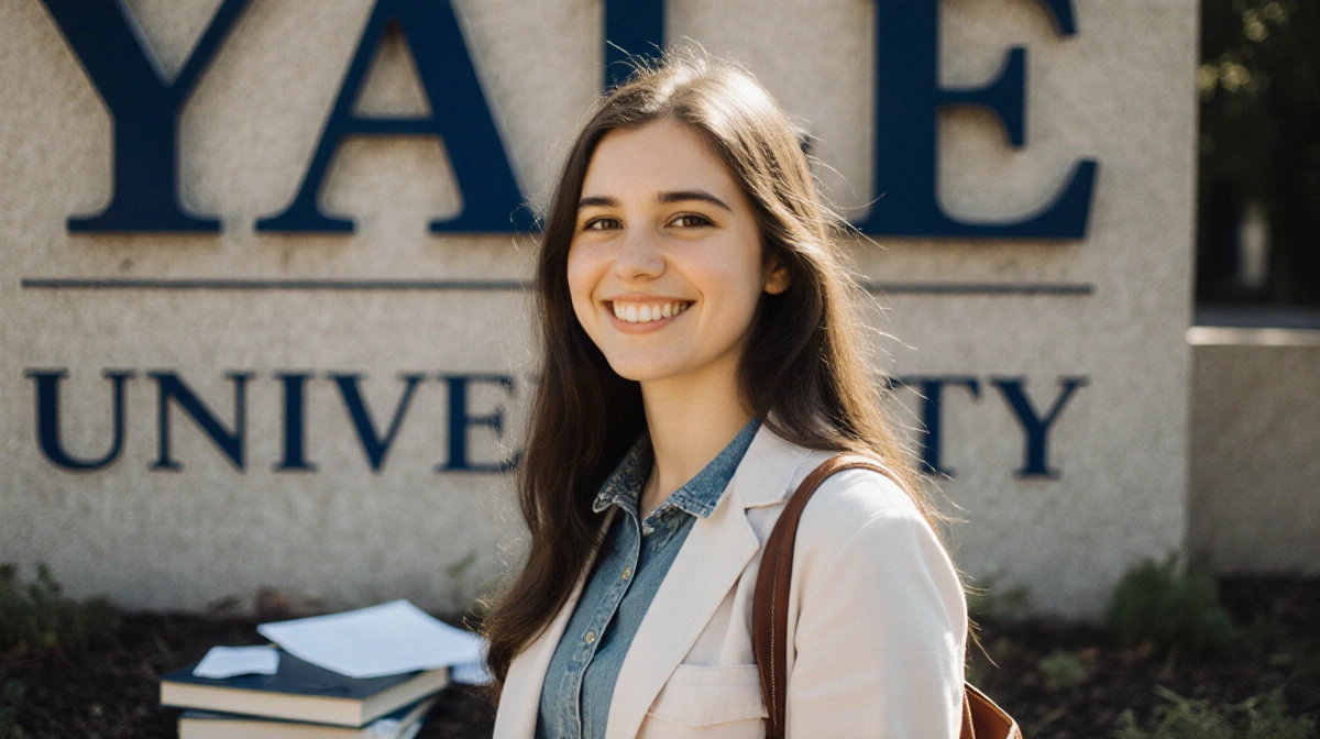 Violet Garner stands confidently before Yale sign with head held high and books at her feet showing her transformation