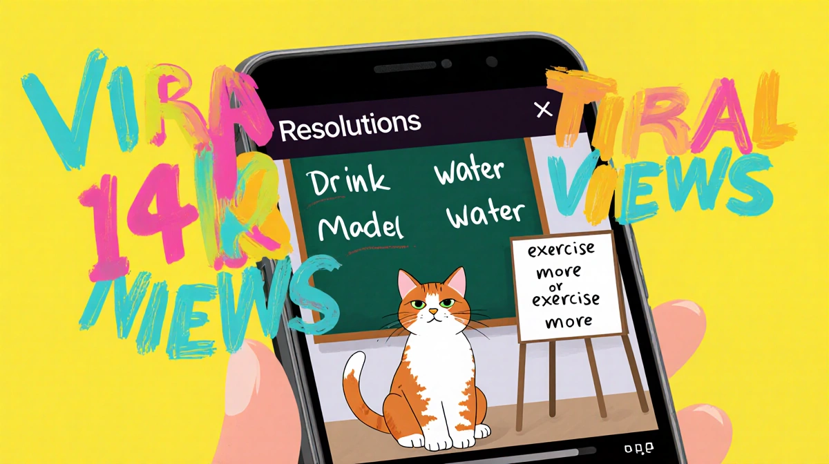 Smartphone screen shows paused TikTok video with displeased cat beside chalkboard showing New Year resolutions with 114K view