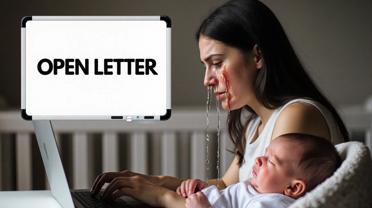 Mother crying while typing viral open letter with sleeping baby in bassinet beside her
