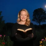 Virginia Madsen holding a glowing book with moonlight and flowers in the garden