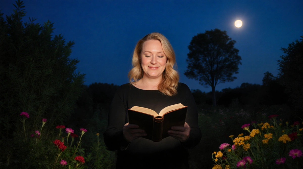 Virginia Madsen holding a glowing book with moonlight and flowers in the garden