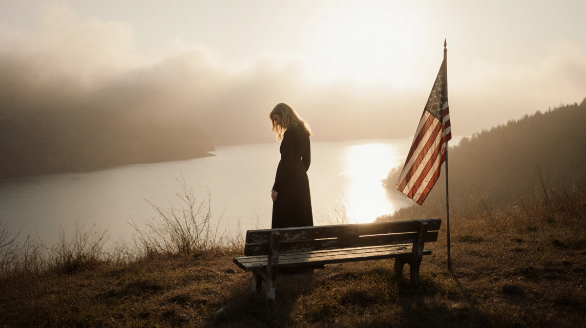 Virginia Madsen stands alone on misty hillside with abandoned bench and faded flag