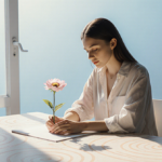 Virgo woman sits at minimalist desk with a blooming flower and eyes looking downward against soft blue background
