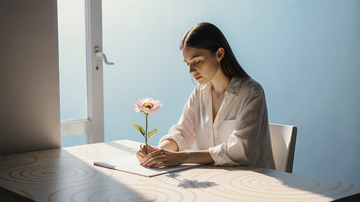 Virgo woman sits at minimalist desk with a blooming flower and eyes looking downward against soft blue background