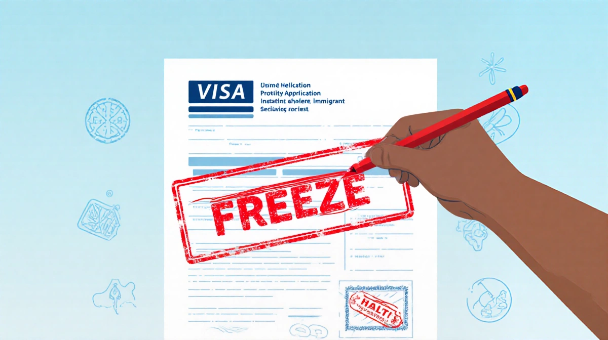 A red halt stamp blocks a visa application form with a freeze symbol and crossed-out approval showing immigration denial