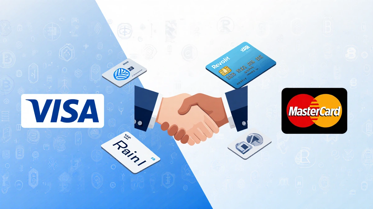 Revolut and Bybit shaking hands with Visa and Mastercard logos showing crypto card partnership