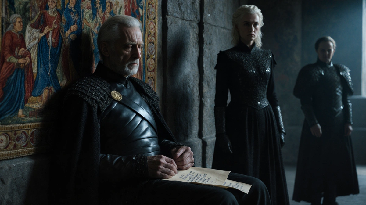 Viserys Targaryen lies dying on stone floor with Alicent clutching his arm and Rhaenyra watching with parchment in hand