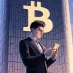 Vitalik Buterin stands before a blockchain skyscraper with Bitcoin logo while holding a smartphone showing Bitcoin interface