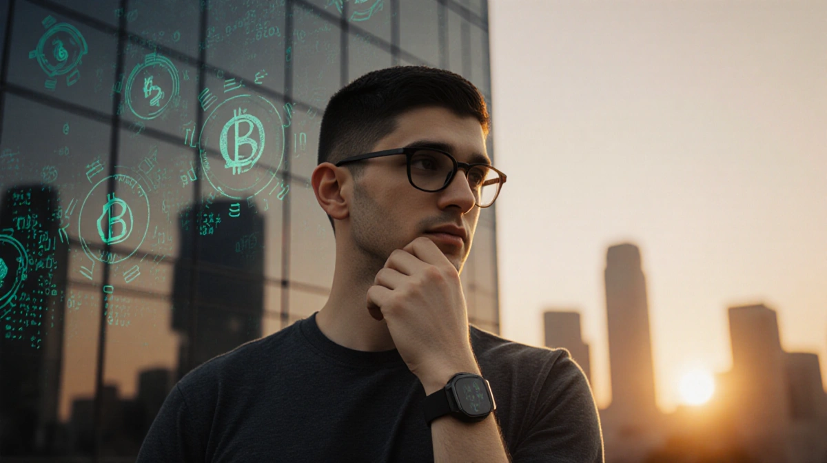 Vitalik Buterin stands before sunset cityscape with blockchain symbols integrated into buildings