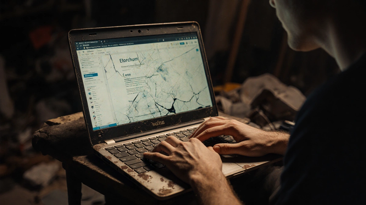 Vitalik Buterin cradles a worn laptop with glitchy Ethereum blockchain interface and warm screen glow