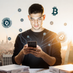 Vitalik Buterin holding a smartphone with a privacy app near a sunset cityscape with cryptic files