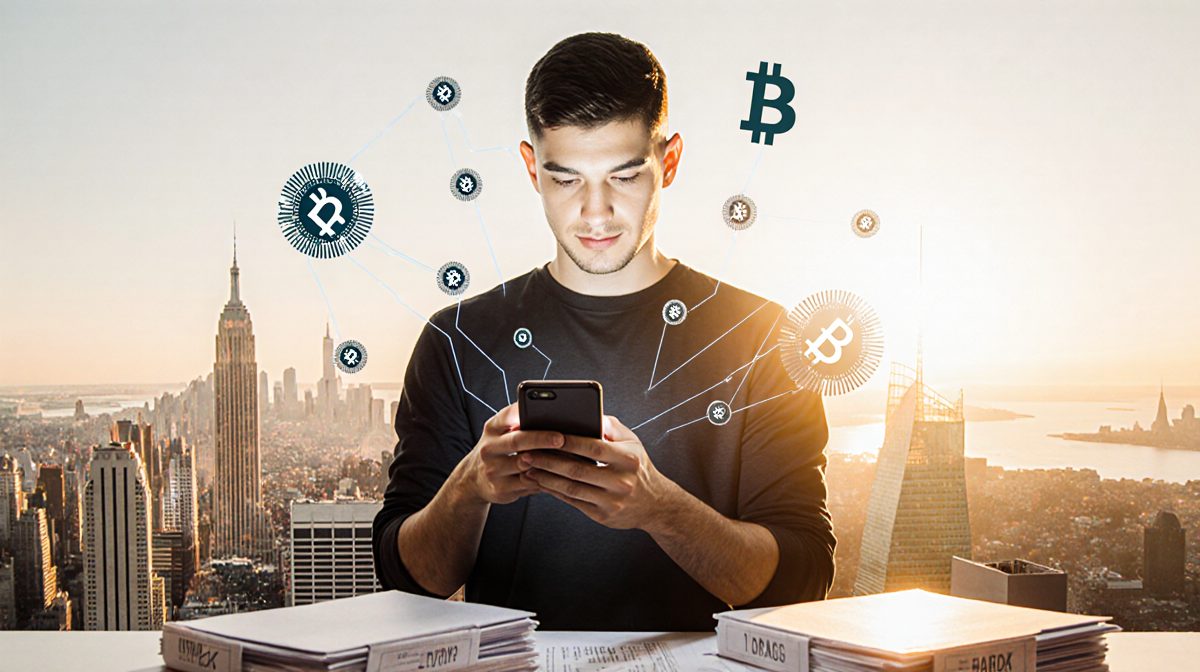 Vitalik Buterin holding a smartphone with a privacy app near a sunset cityscape with cryptic files