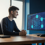 Vitalik Buterin sits at a desk with computers and blockchain screens and a ZK‑SNARK diagram and natural light glowing.