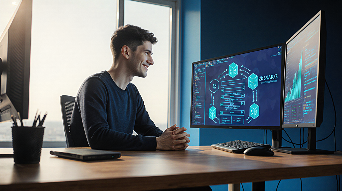 Vitalik Buterin sits at a desk with computers and blockchain screens and a ZK‑SNARK diagram and natural light glowing.