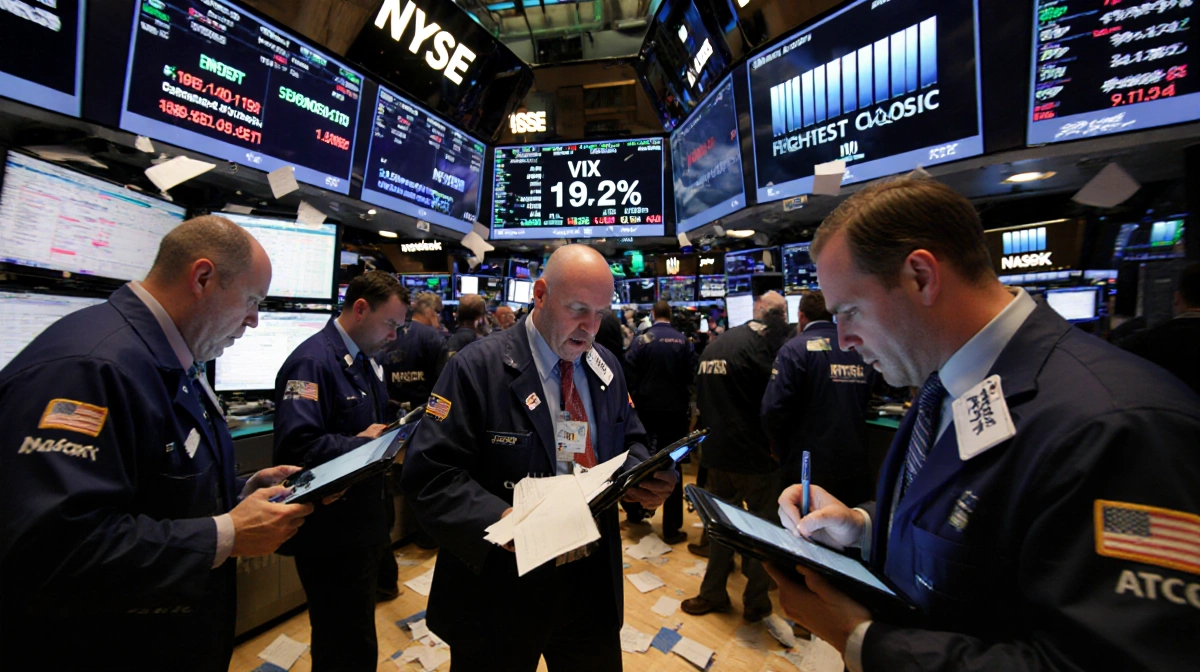 Frantic traders panic selling stocks with VIX volatility index showing 19.2% on trading floor