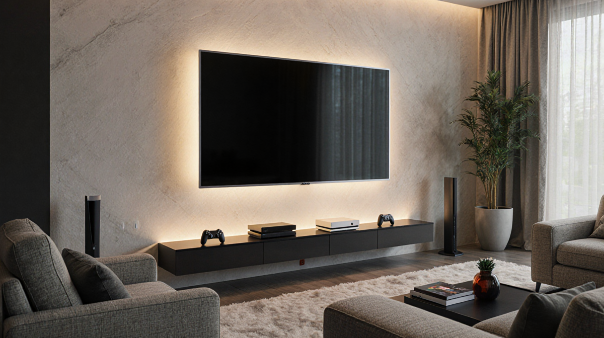 Vizio TV glows warmly in a modern living room with gaming controllers resting at its base