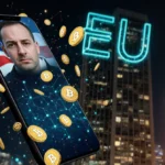 Vlad Tenev looks concerned at phone with EU neon sign above futuristic city and crypto tokens swirling around
