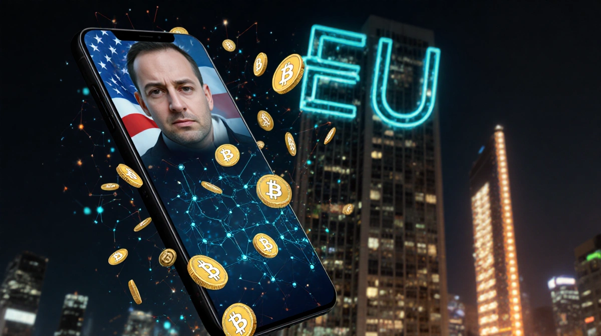 Vlad Tenev looks concerned at phone with EU neon sign above futuristic city and crypto tokens swirling around