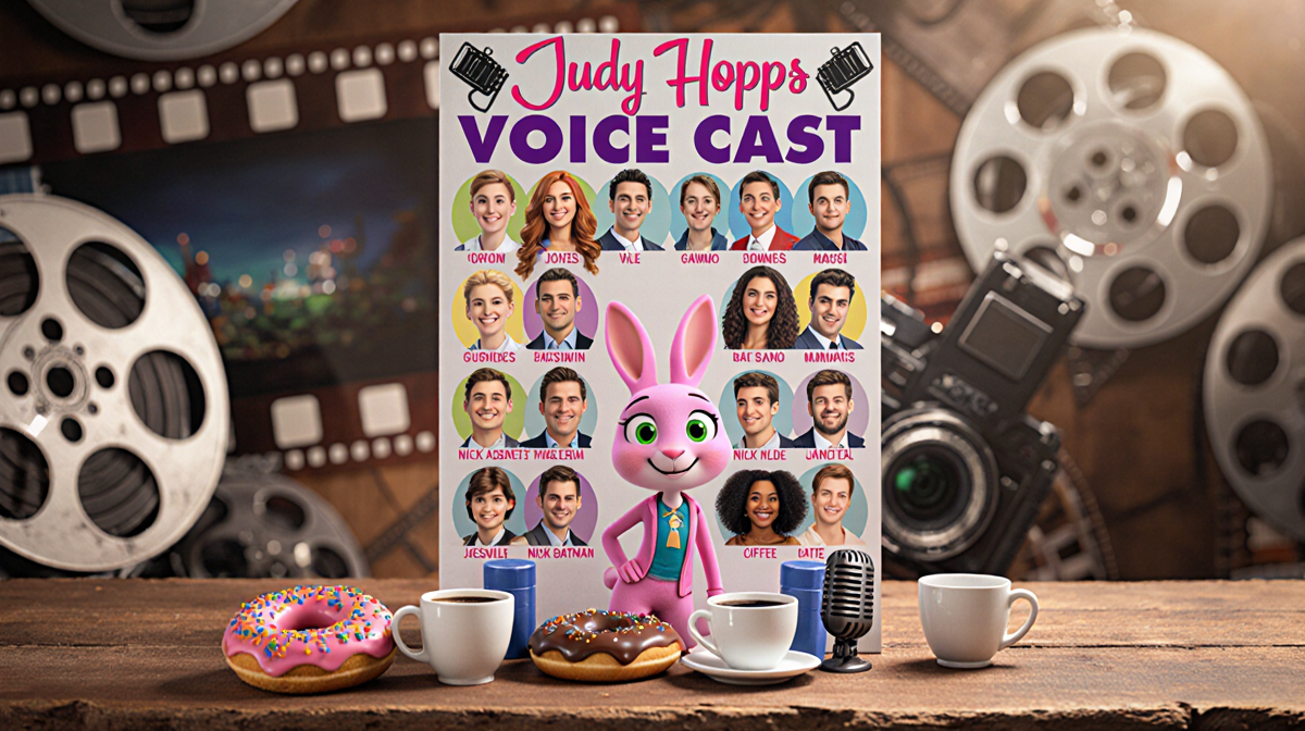 Voice cast list displays Goodwin Judy Hopps and Bateman Nick Wilde on rustic wooden desk with warm behind-the-scenes lighting
